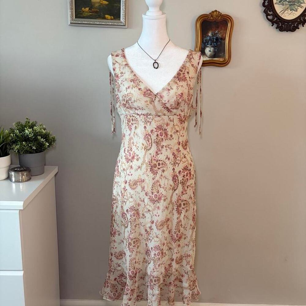 VTG 90s City Triangles Paisley Slip Dress Pink Cream Ruffle Midi 11